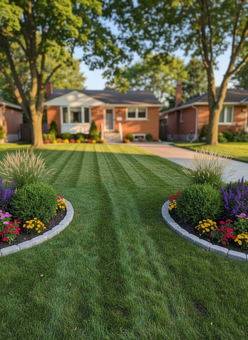 A meticulously maintained suburban front yard in Guelph, Ontario, featuring a lush, deep-green lawn with crisp, straight mowing lines leading toward a modest brick bungalow. Curved garden beds edged with clean stone borders showcase healthy shrubs, ornamental grasses, and seasonal flowers in coordinated colors. A concrete walkway is freshly swept, with no debris visible. Soft late-afternoon natural light casts gentle shadows from nearby mature maples, giving a warm, welcoming glow. Photographic realism at eye level, framed with the house softly blurred in the background and the landscaping in sharp focus, conveys professional care, reliability, and pride in outdoor property maintenance.