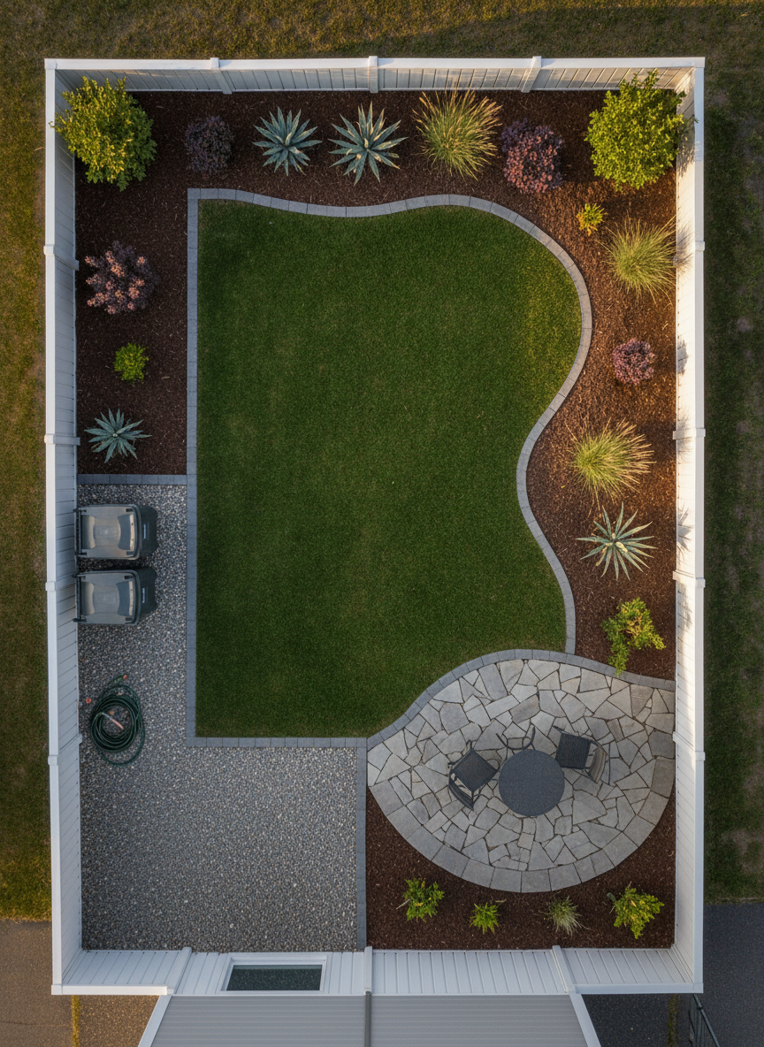 A bird’s-eye view of a compact Guelph backyard transformed into a low-maintenance, well-organized outdoor space. Distinct zones include a rectangular lawn with precise edges, a mulched planting bed with drought-tolerant shrubs, a pea gravel utility area with two covered bins and a coiled hose, and a small flagstone sitting nook. Straight and curved lines flow cleanly, with no clutter or debris visible. Late afternoon sun creates soft, elongated shadows, emphasizing structure without overpowering colors. Photographic realism with sharp focus across the frame highlights the thoughtful layout and practical design, conveying a mood of efficiency, tidiness, and smart property care solutions for busy homeowners.