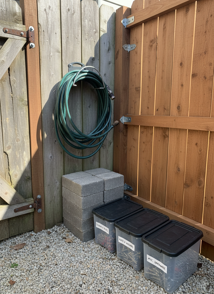 A detailed close-up of a tidy side yard service area showcasing property repair and maintenance capability. A well-organized outdoor storage corner features neatly stacked paving stones, coiled garden hose on a mounted reel, and a row of labeled plastic bins containing fasteners and small parts, all resting on a clean gravel base. A newly repaired wooden fence section with fresh, straight boards and secure metal hardware stands adjacent to an older, weathered section for contrast. Natural daylight on a clear morning creates crisp, clean shadows and highlights wood grain and surface textures. Photographic realism with an eye-level composition gives a sense of competence, preparedness, and attention to detail in outdoor repairs.