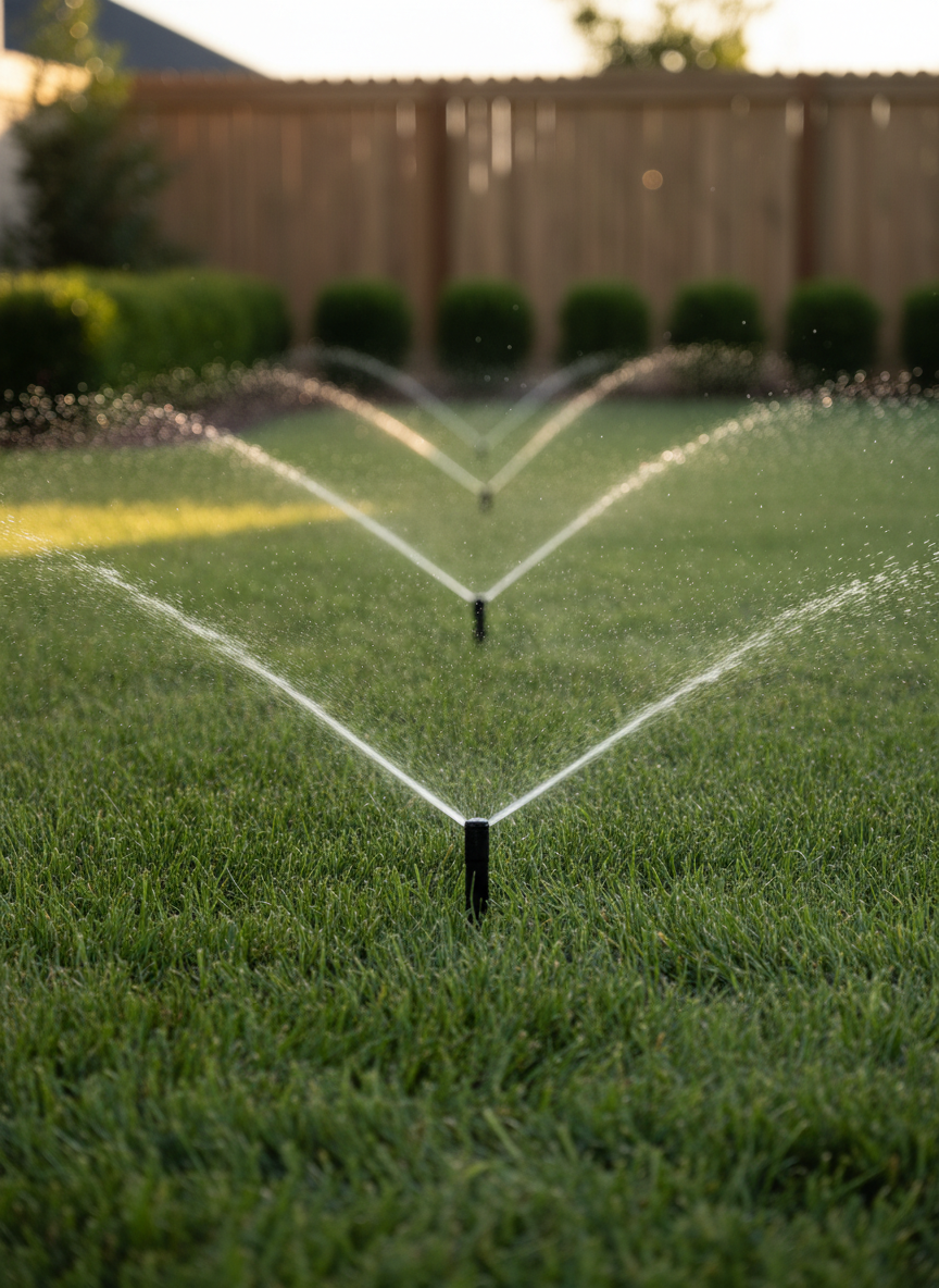 A close-up, wide horizontal shot of a professionally installed irrigation zone in a residential lawn. Several low-profile, black pop-up sprinkler heads evenly spaced across vibrant, healthy grass are mid-cycle, spraying fine, symmetrical fans of water. Droplets catch the warm, golden hour light, creating a subtle shimmer against the deep green turf. In the softly blurred background, a tidy fence line and structured shrub border hint at a well-maintained property. Photographic realism with a shallow depth of field highlights water movement and equipment detail, while the overall mood is precise, efficient, and trustworthy, emphasizing expertise in irrigation systems and proper lawn hydration.