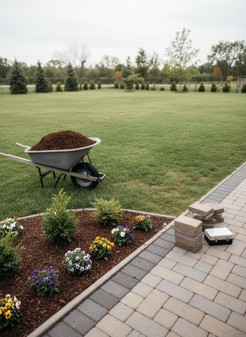 A neat, open backyard scene showcasing a professional property maintenance project in progress, without any workers present. A sturdy wheelbarrow filled with dark, rich mulch rests beside a newly edged garden bed containing young evergreens and perennial flowers. Nearby, a stack of pavers and a compact toolbox sit on a clean interlock patio, suggesting upcoming minor repairs. The overcast sky provides diffused, even lighting, minimizing harsh shadows and emphasizing texture in the soil, stone, and foliage. Shot from a slightly elevated angle with photographic realism, the composition uses the rule of thirds to balance tools and completed work, creating a calm, organized atmosphere of efficient, general outdoor labour.