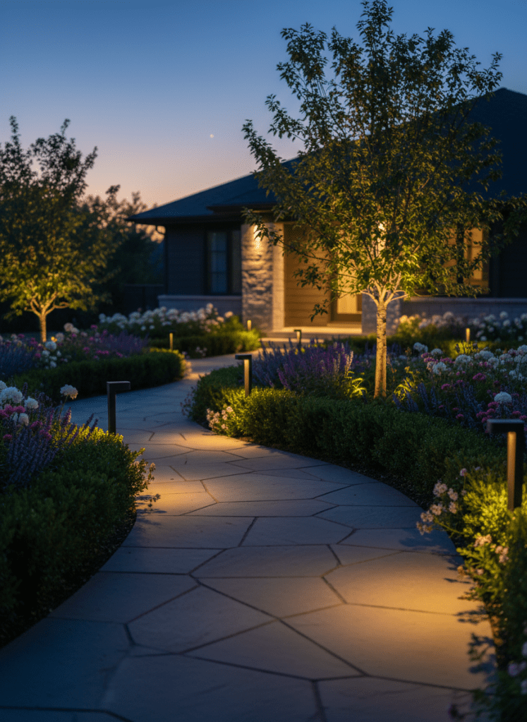 A carefully composed evening garden scene highlighting low-voltage landscape lighting along a front walkway. Sleek, dark metal path lights cast warm, soft pools of light onto a clean stone path bordered by manicured boxwoods and colorful perennial plantings. Uplights at the base of a small ornamental tree create a gentle glow on its textured bark and foliage, while the house façade remains subtly visible in the distance. Captured with photographic realism at eye level, the image balances illuminated areas and surrounding shadows to create a safe, inviting, professional atmosphere. The calm twilight sky and minimal background distractions reinforce a refined, modern aesthetic and the value of expert lighting design.