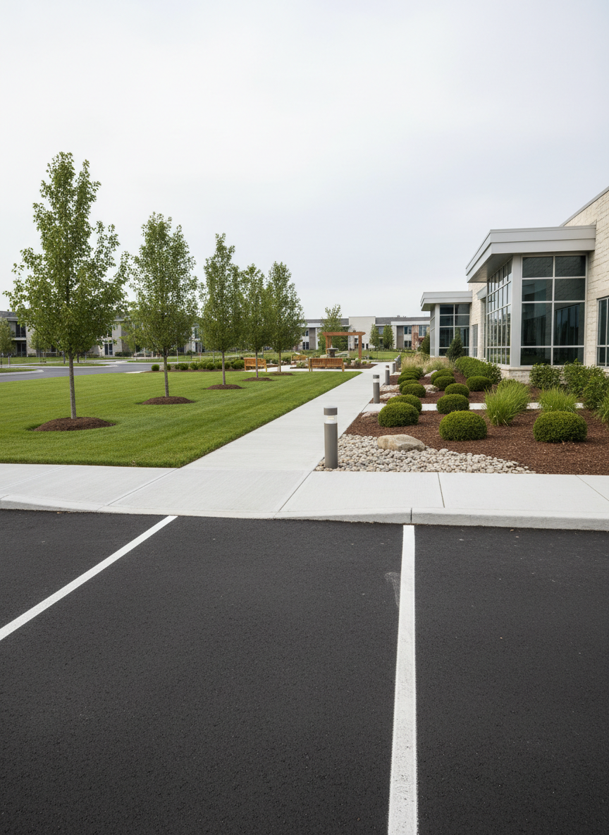 A wide, panoramic view of a mixed-use outdoor property, combining residential-style landscaping with light commercial elements. In the foreground, a freshly edged asphalt parking area seamlessly meets a clean concrete walkway leading to a low office building, flanked by structured planting beds with hardy shrubs, mulch, and decorative river rock. A small, neatly trimmed lawn area is bordered by a row of evenly spaced trees with protective mulch rings. Subtle, modern bollard lights line the path. Soft midday, slightly overcast lighting ensures even illumination and accurate color, with photographic realism and sharp focus throughout. The composition communicates order, functionality, and professionalism in comprehensive outdoor property services.